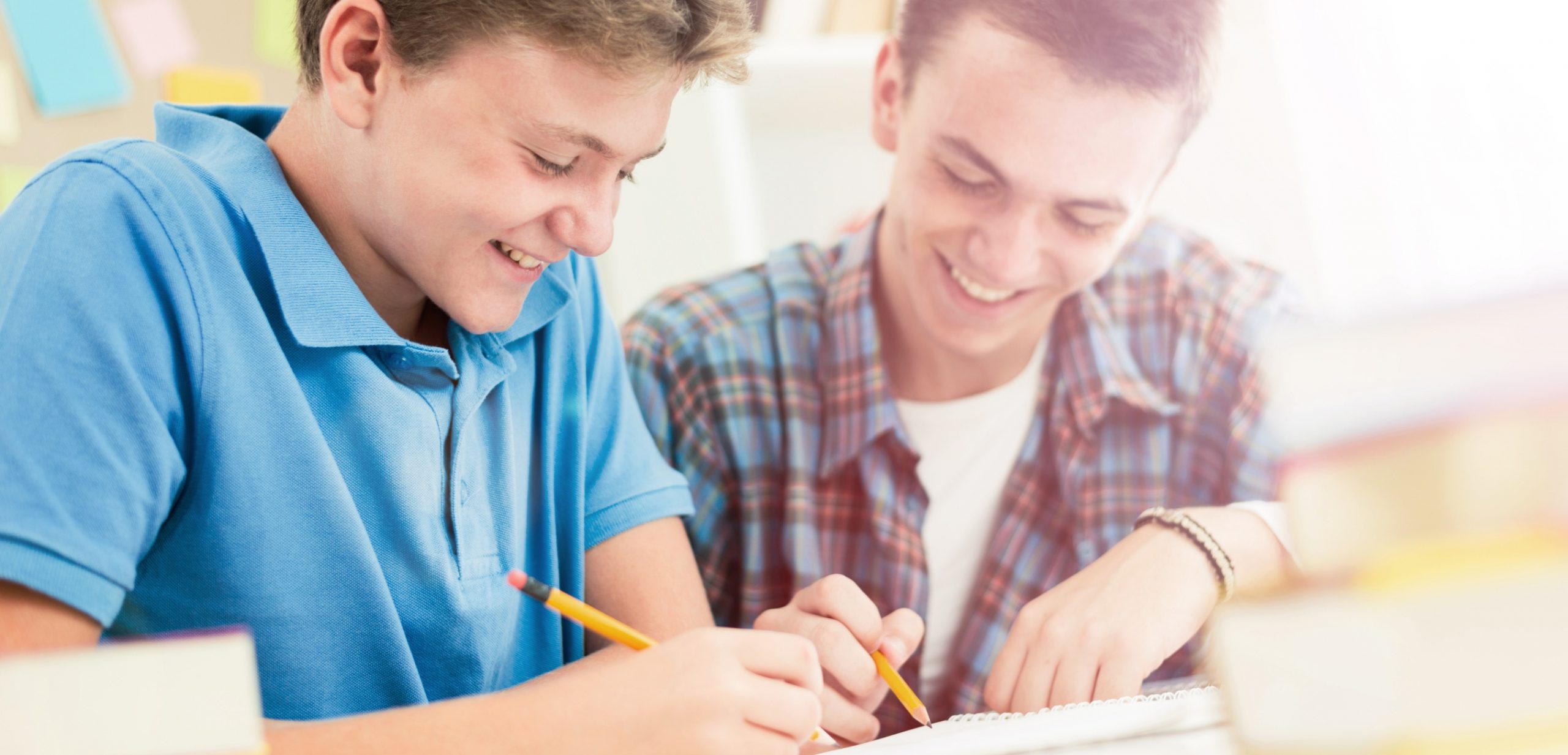 Imagen de portada de sección "Modelo educativo" en donde se ve a dos chicos sonriendo mientras estudian